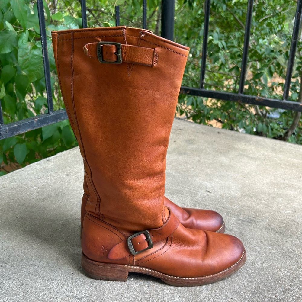 Frye Tan Leather Mid-Calf Moto Boots